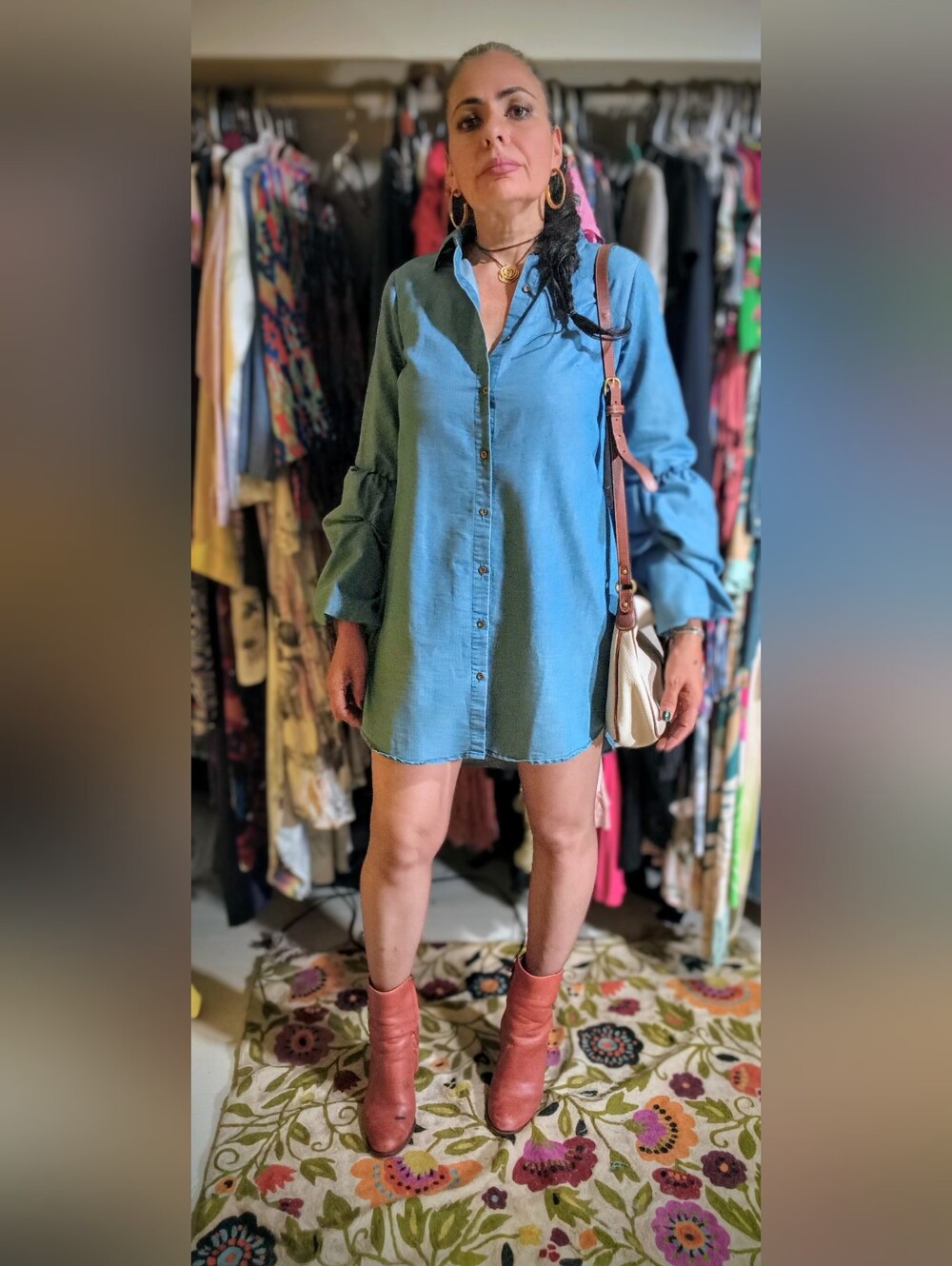 Blue Notes Washed Blue Denim Mini Shirt Dress with Statement Sleeves
